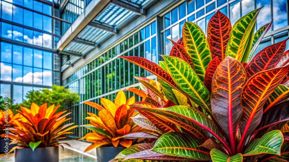 Obraz premium Vibrant Croton Plant Leaves in Architectural Setting – Stock Photo