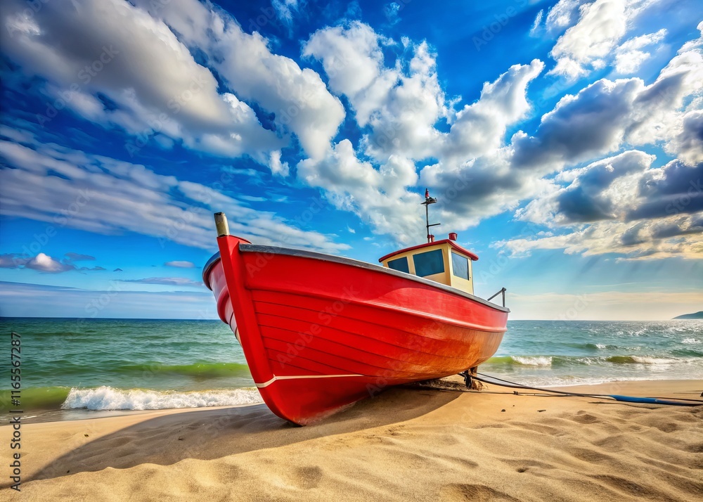 Vibrant Red Boat on Sandy Odessa Beach, Ukraine - Summer Seascape Vibrant Red Boat on Sandy Odessa Beach, Ukraine - Summer Seascape