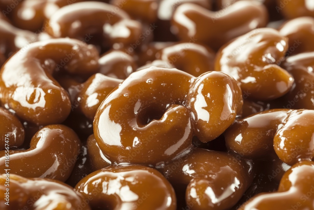 A Close-Up View of Glazed Cashew Nuts with a Shiny Texture and Dramatic Lighting on a Neutral Table Backdrop A Close-Up View of Glazed Cashew Nuts with a Shiny Texture and Dramatic Lighting on a Neutral Table Backdrop