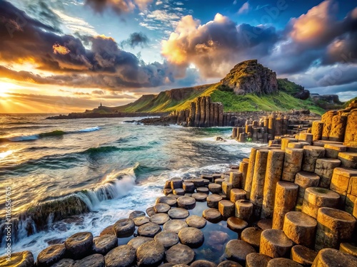 Watercolor Giants Causeway Coastline, Hexagonal Basalt Columns, Antrim, Northern Ireland