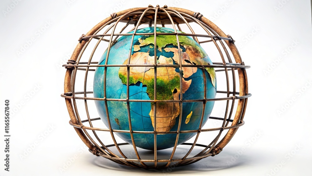World Confined: Isolated Globe in a Cage - Double Exposure Stock Photo World Confined: Isolated Globe in a Cage - Double Exposure Stock Photo