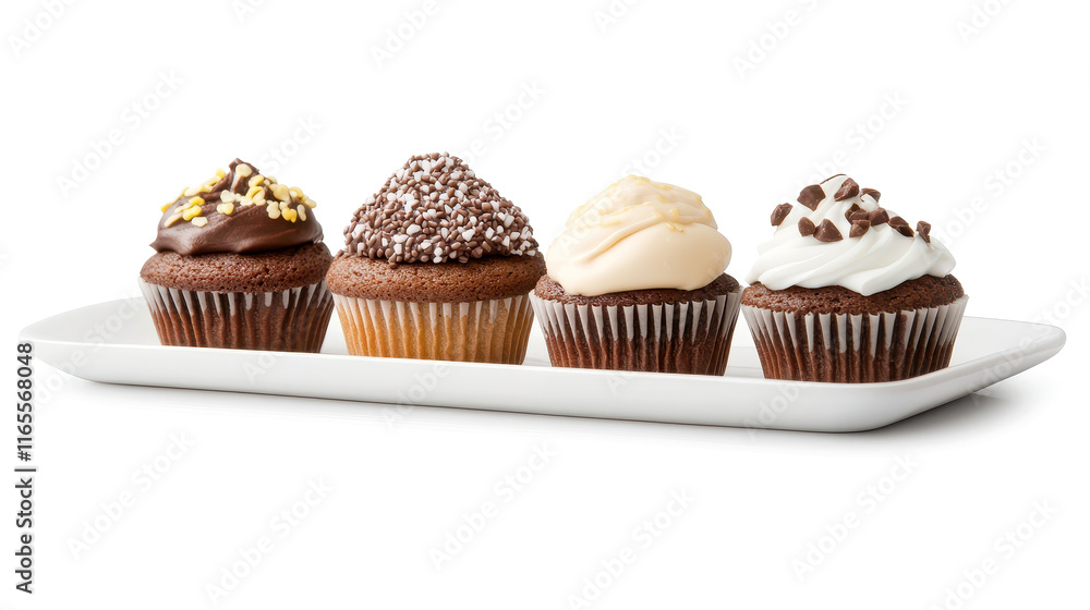 Chocolate cupcakes with assorted toppings on a white plate Chocolate cupcakes with assorted toppings on a white plate