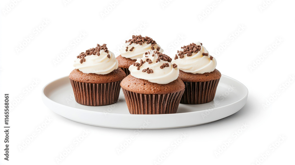 Delicious chocolate cupcakes with frosting and sprinkles on a white plate Delicious chocolate cupcakes with frosting and sprinkles on a white plate