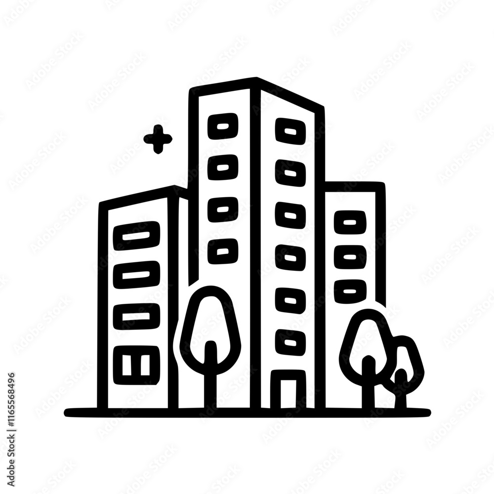 Modern city buildings with trees. A simple line drawing illustration depicting an urban scene with tall structures and greenery. Modern city buildings with trees. A simple line drawing illustration depicting an urban scene with tall structures and greenery.