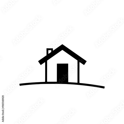 Simple black and white illustration of a house on a small hill.  A minimalist design, perfect for websites or applications needing a home icon.