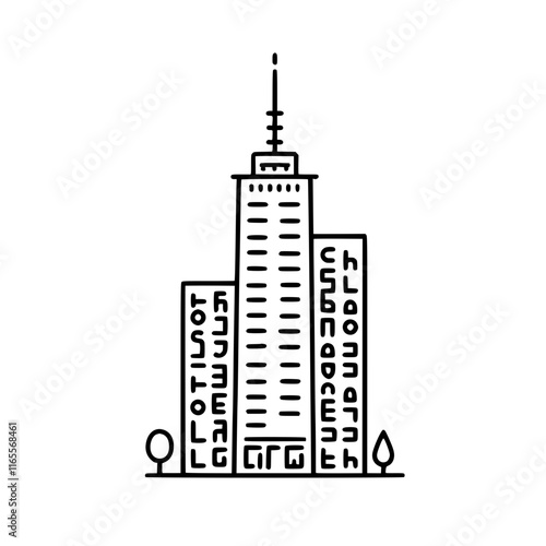 A stylized illustration of a cityscape featuring a tall skyscraper and surrounding buildings.  Simple line art design, perfect for urban themes or architectural projects.