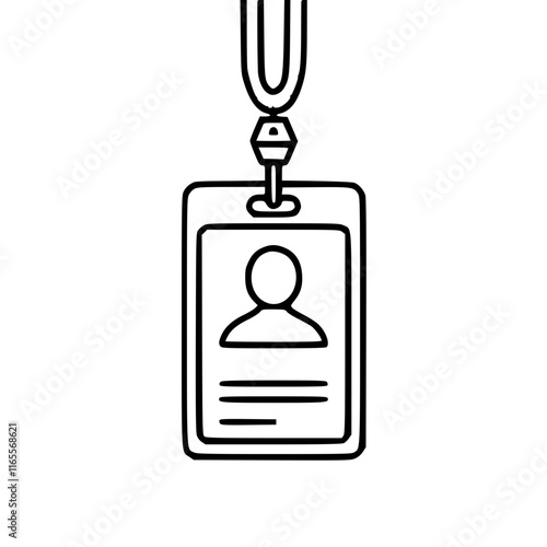 Identification card with lanyard. Simple line art illustration of a blank ID badge hanging from a neck strap. Perfect for corporate identity or security concepts.