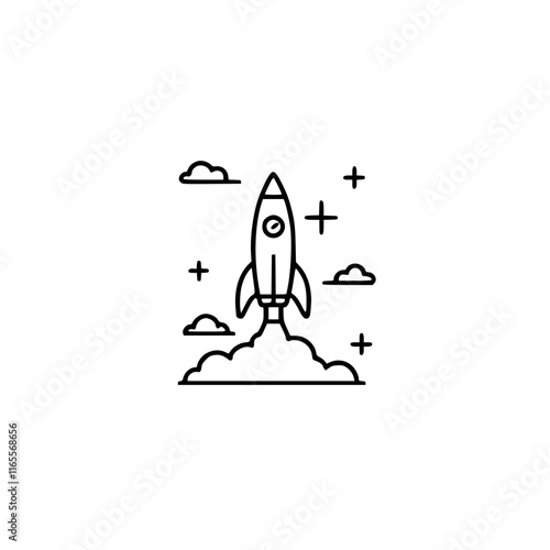 Rocket launching into the sky, leaving a trail of smoke.  A simple line art illustration symbolizing growth, progress, and new beginnings. Perfect for business or technology concepts.