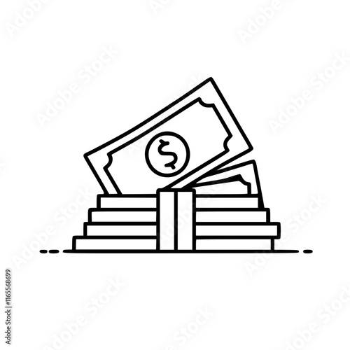 Stack of banknotes, a simple line art illustration representing wealth, finance, or savings.  Perfect for financial websites, presentations, or educational materials.