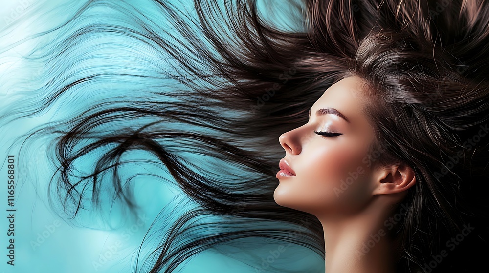 Naklejka premium A woman with long hair is shown with her eyes closed and her mouth slightly open