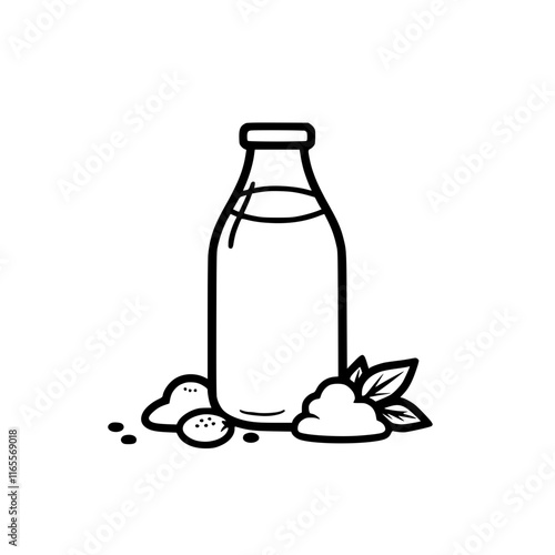 Glass bottle of milk or juice with nuts and leaves.  Simple line art illustration perfect for food and beverage packaging, labels, or healthy lifestyle content.