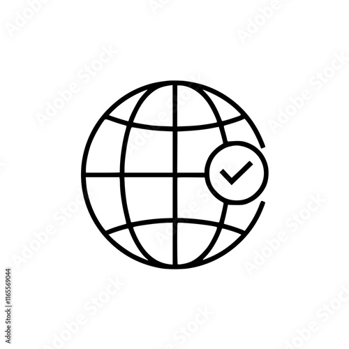 Global network connection approved.  A simple graphic illustrating worldwide connectivity and successful verification or authorization.