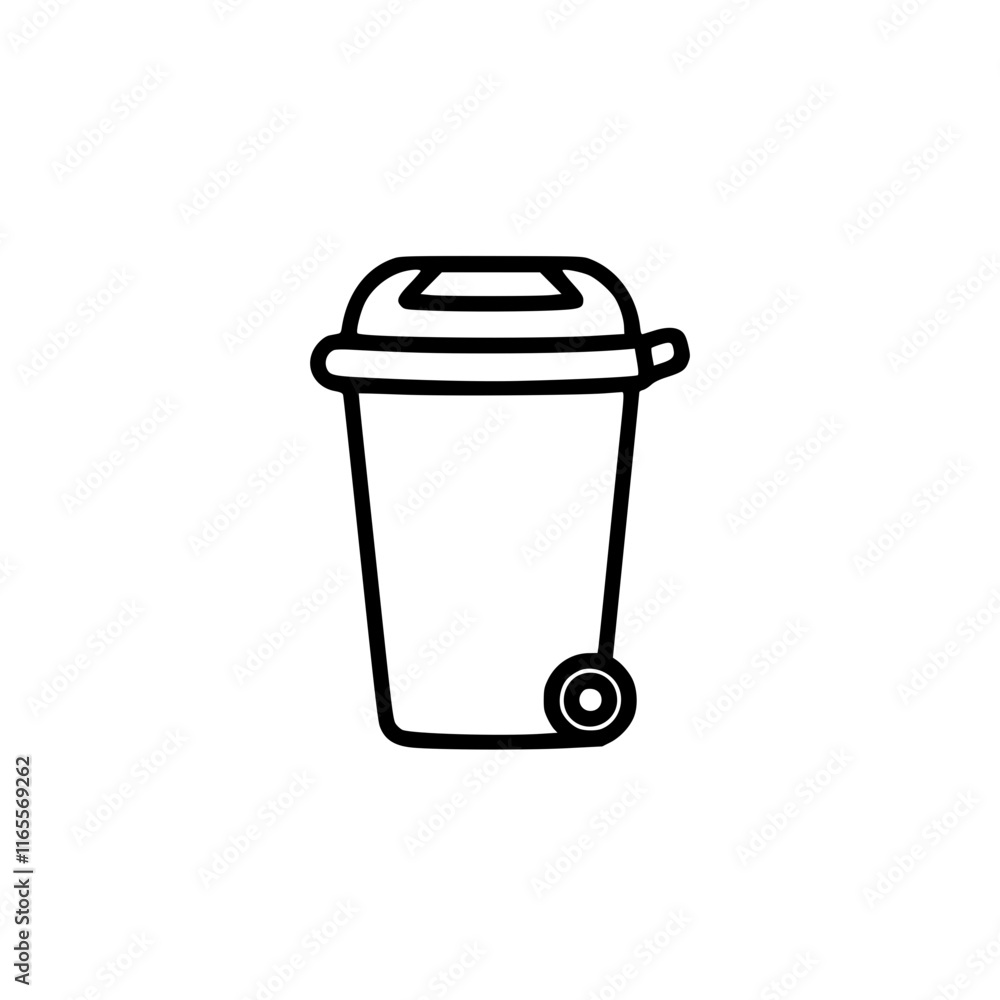 Wheelie bin, waste container, garbage can. Ideal for recycling, waste disposal, and cleanliness themes. Simple line art illustration. Wheelie bin, waste container, garbage can. Ideal for recycling, waste disposal, and cleanliness themes. Simple line art illustration.