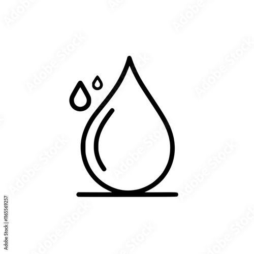Water droplet icon. Simple line art design of a single water drop with smaller droplets falling.  Perfect for websites, apps, and presentations related to hydration, purity, or nature.