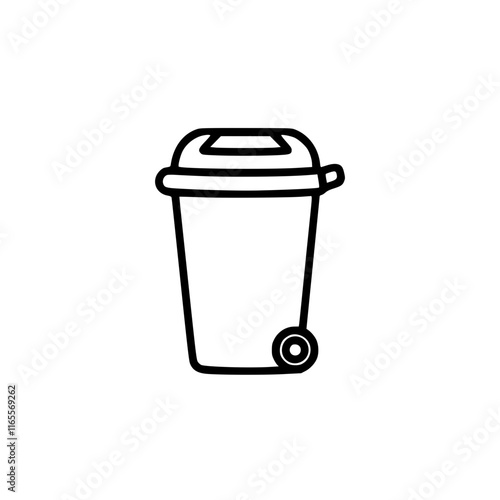 Wheelie bin, waste container, garbage can. Ideal for recycling, waste disposal, and cleanliness themes.  Simple line art illustration.