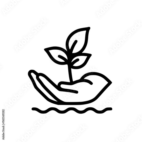 Protecting nature, nurturing growth. A hand gently cradles a young plant, symbolizing care for the environment and sustainable practices.  A simple yet powerful vector icon