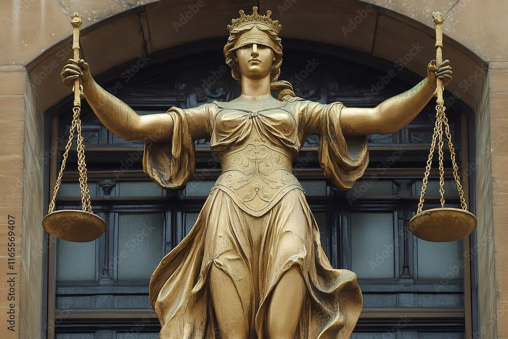 Golden statue of justice holding scales and wearing blindfold crown: representing impartiality and law Golden statue of justice holding scales and wearing blindfold crown: representing impartiality and law