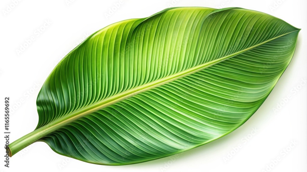 A Single Lush Green Leaf with Prominent Veins Isolated on White Background