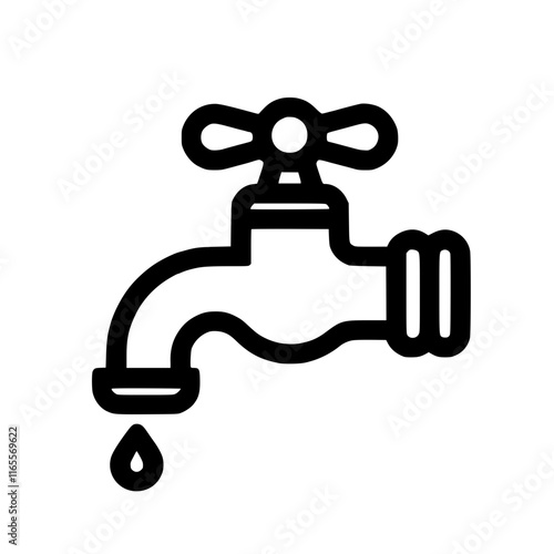 Water tap icon, simple line drawing of a faucet with a single drop of water dripping from the spout.  Perfect for plumbing, water conservation, or hygiene related projects.