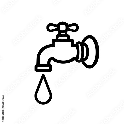 Water tap icon. Simple line drawing of a faucet with a single drop of water flowing from the spout.  Perfect for plumbing, water conservation, or hygiene related projects.