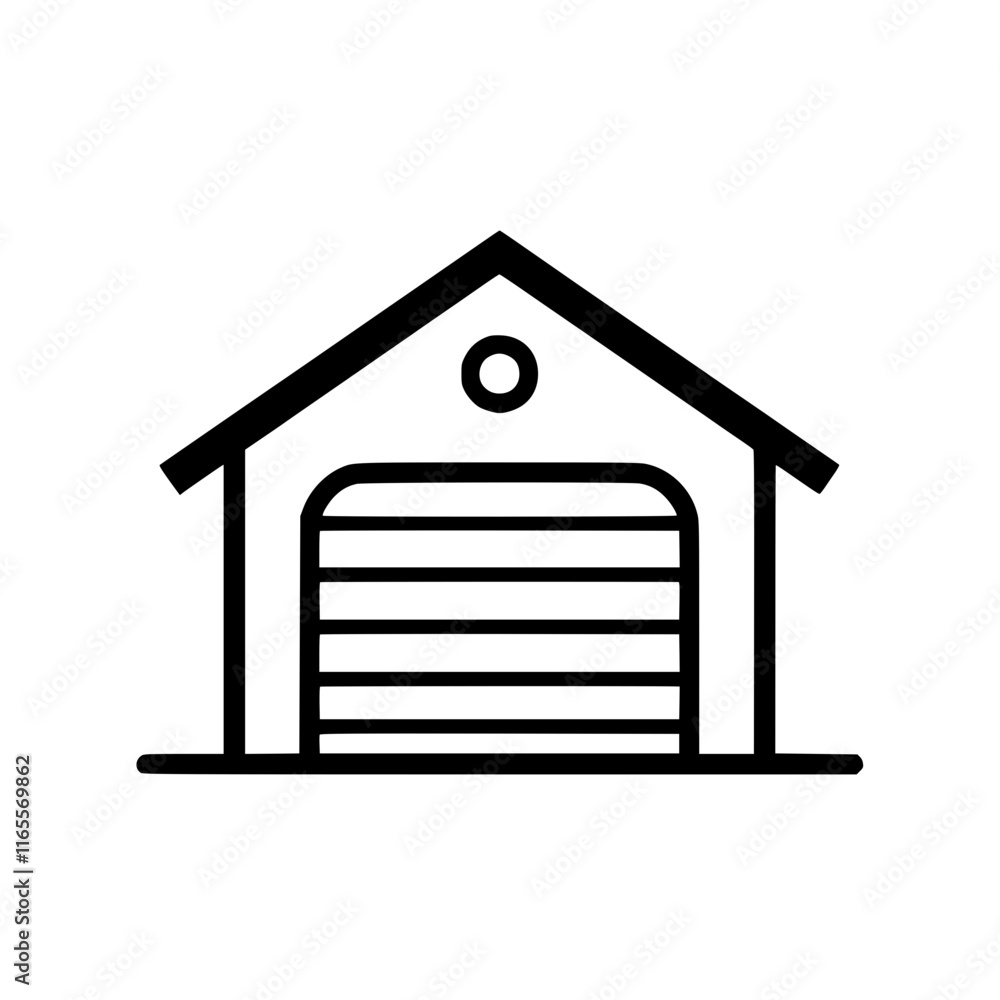 Simple line drawing of a garage building with a closed sectional door. Ideal for real estate, construction, or home improvement projects. Clean and modern design. Simple line drawing of a garage building with a closed sectional door. Ideal for real estate, construction, or home improvement projects. Clean and modern design.