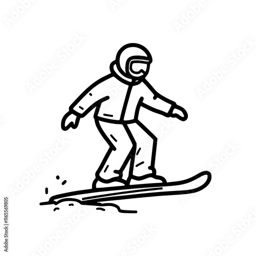 Snowboarder carving down a snowy slope, enjoying the thrill of winter sports.  A line drawing illustration showcasing action and speed.
