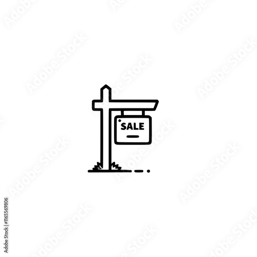 A simple line drawing of a for sale sign.  Perfect for real estate websites, brochures, or any marketing material related to property sales.  Clean and minimalist design.