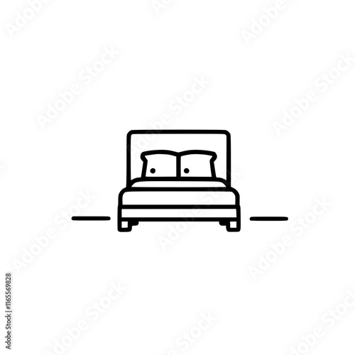 Simple line drawing of a bed with pillows, perfect for websites, apps, or presentations needing a clean, minimalist aesthetic.  Ideal for representing rest, sleep, or hospitality.