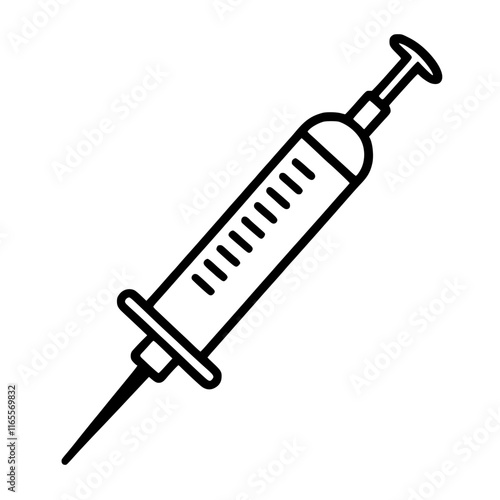 A medical syringe, a common tool used in healthcare for injections and administering medication.  The image depicts a simple, clean line drawing of the syringe, highlighting its essential components.