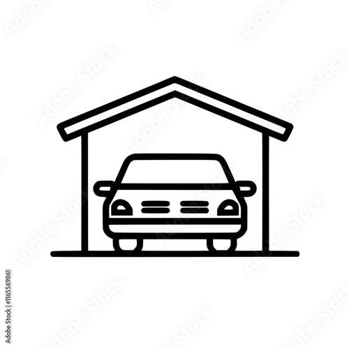 Car parked safely inside a garage.  Simple line art illustration perfect for automotive, real estate, or home-related projects.  Clean design, easy to use.