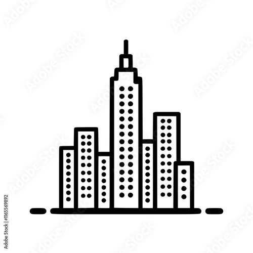 City skyline illustration featuring a tall skyscraper and surrounding buildings.  A simple, modern design perfect for urban-themed projects.