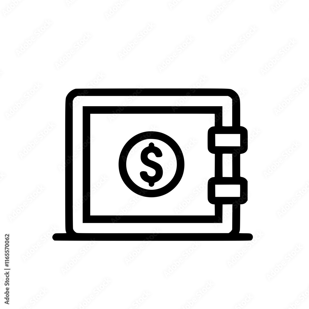 Secure digital vault icon. A simple line drawing of a safe with a dollar sign inside, representing financial security and digital asset protection. Secure digital vault icon. A simple line drawing of a safe with a dollar sign inside, representing financial security and digital asset protection.