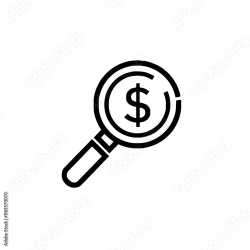 Magnifying glass focusing on a dollar sign, symbolizing financial research, investment analysis, or wealth management.  Ideal for finance, economics, and business contexts.