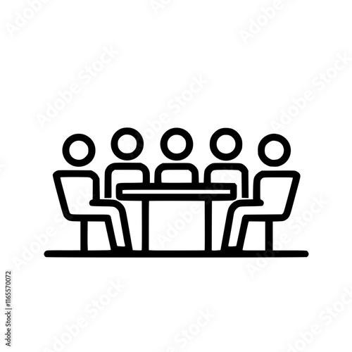 Five people seated around a table in a meeting or discussion.  A simple line art illustration perfect for presentations or reports about teamwork, collaboration, and communication.