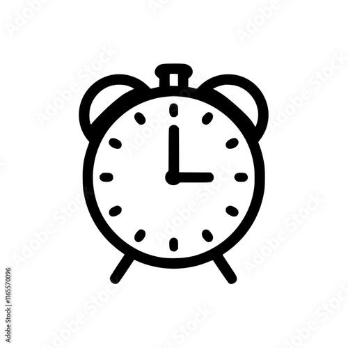 Classic alarm clock icon. Simple black and white design, perfect for time management, schedule, or deadline concepts.  Ideal for websites, apps, or presentations needing a clear time indicator.