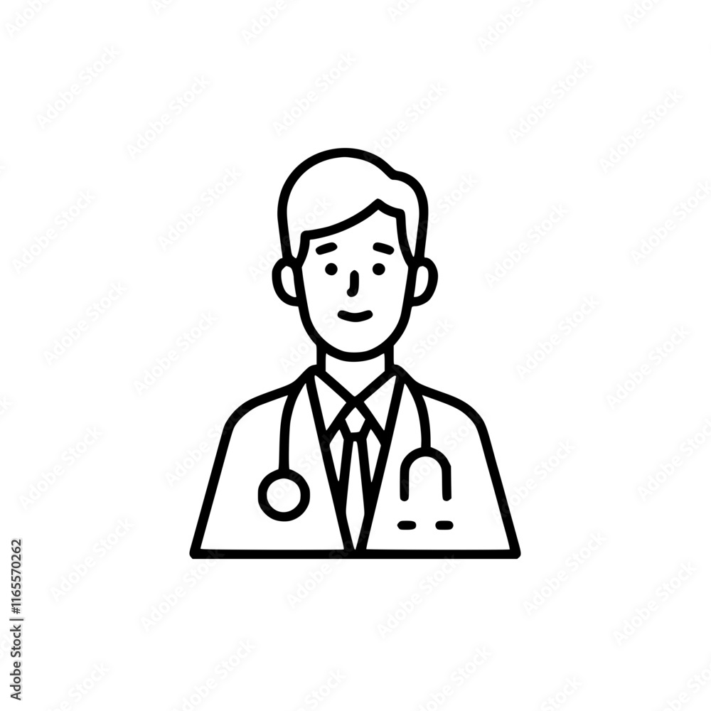 Professional doctor icon. Clean line art illustration of a male physician wearing a lab coat and stethoscope. Perfect for healthcare websites, apps, and medical publications. Professional doctor icon. Clean line art illustration of a male physician wearing a lab coat and stethoscope. Perfect for healthcare websites, apps, and medical publications.