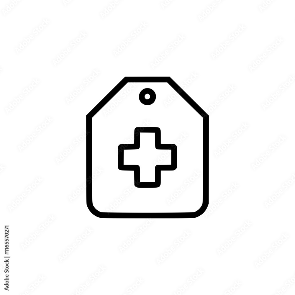 Obraz premium Medical tag icon. Simple line art graphic of a tag with a medical cross symbol, suitable for healthcare websites, apps, or presentations. Clean and modern design.