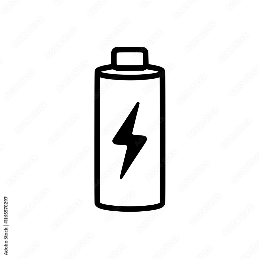 Battery power icon. Simple black and white line art graphic illustrating a cylindrical battery with a lightning bolt symbol, representing energy and power. Battery power icon. Simple black and white line art graphic illustrating a cylindrical battery with a lightning bolt symbol, representing energy and power.