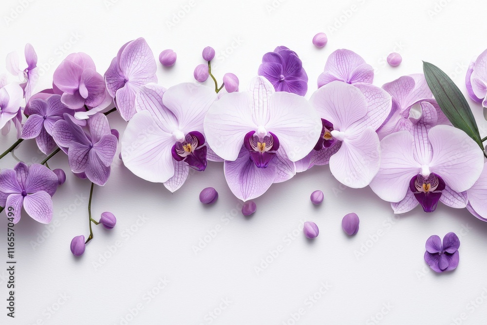Beautiful Purple and White Orchids Arrangement with Petals on a Light Background Beautiful Purple and White Orchids Arrangement with Petals on a Light Background