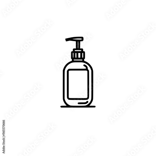 Pump bottle dispenser.  Clean, simple line art illustration of a bottle with a pump top, perfect for various uses. Ideal for product packaging, hygiene, or cleaning themes.