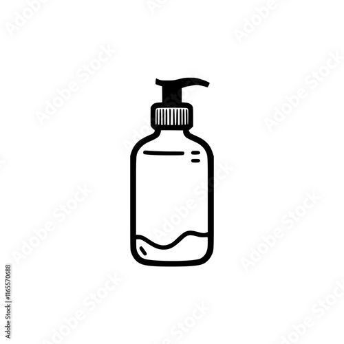 Pump bottle dispenser icon.  Simple black and white illustration of a bottle with a pump top, perfect for hygiene or cosmetic product packaging design.