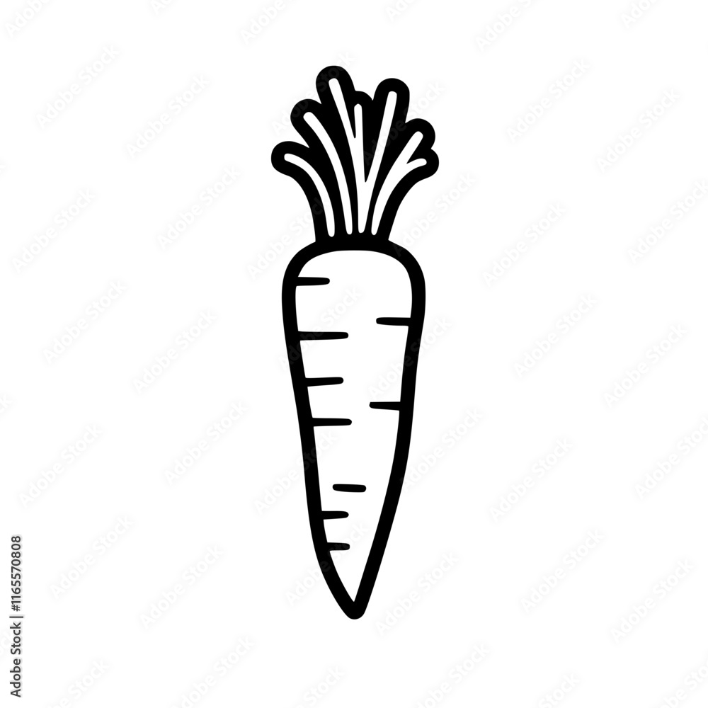 A simple line drawing of a single carrot, showcasing its shape, leaves, and root. Perfect for illustrations, educational materials, or healthy eating concepts. A simple line drawing of a single carrot, showcasing its shape, leaves, and root. Perfect for illustrations, educational materials, or healthy eating concepts.