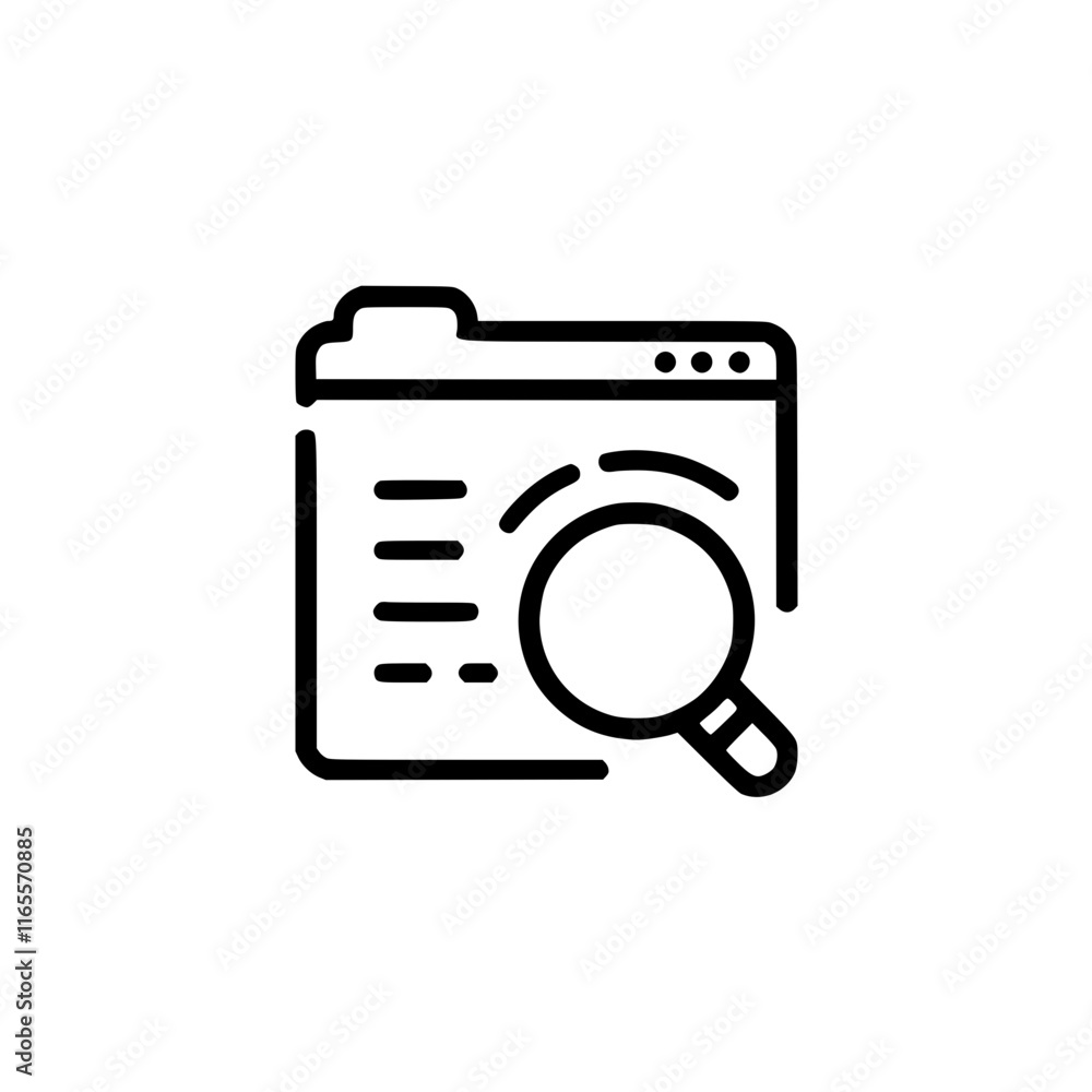 Online document search. Magnifying glass over a file displayed on a computer screen, symbolizing the process of finding information within digital documents. Online document search. Magnifying glass over a file displayed on a computer screen, symbolizing the process of finding information within digital documents.