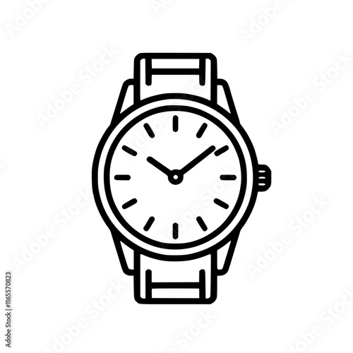 Classic wristwatch illustration.  Simple line art design of a timepiece with a band and round face. Perfect for minimalist designs or watch-related projects.