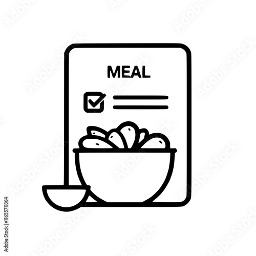 Meal plan checklist with a bowl of food.  A simple line drawing illustration showing a healthy eating plan and a completed meal.