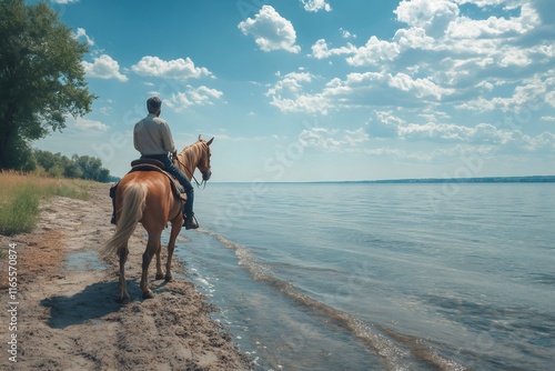 Horseback riding on beach, cowboy observing tranquil lake view