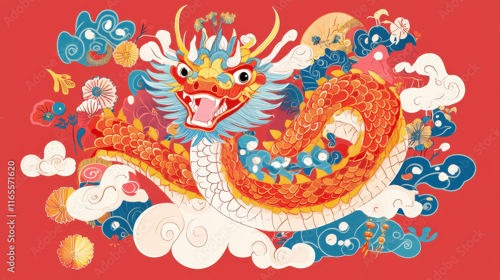 Fototapeta premium Traditional Chinese dragon illustration with vibrant colors and festive design