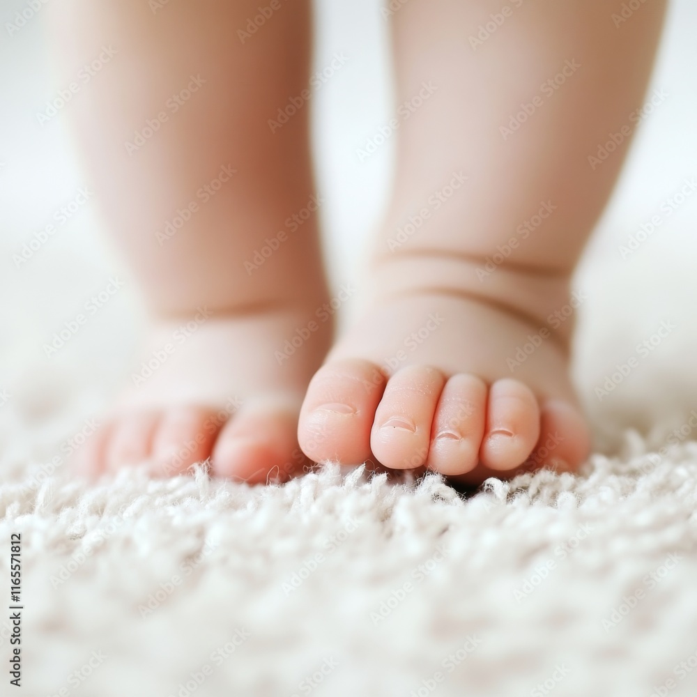 Close-up of a baby's tiny feet standing on soft carpet in a cozy indoor setting. Close-up of a baby's tiny feet standing on soft carpet in a cozy indoor setting.