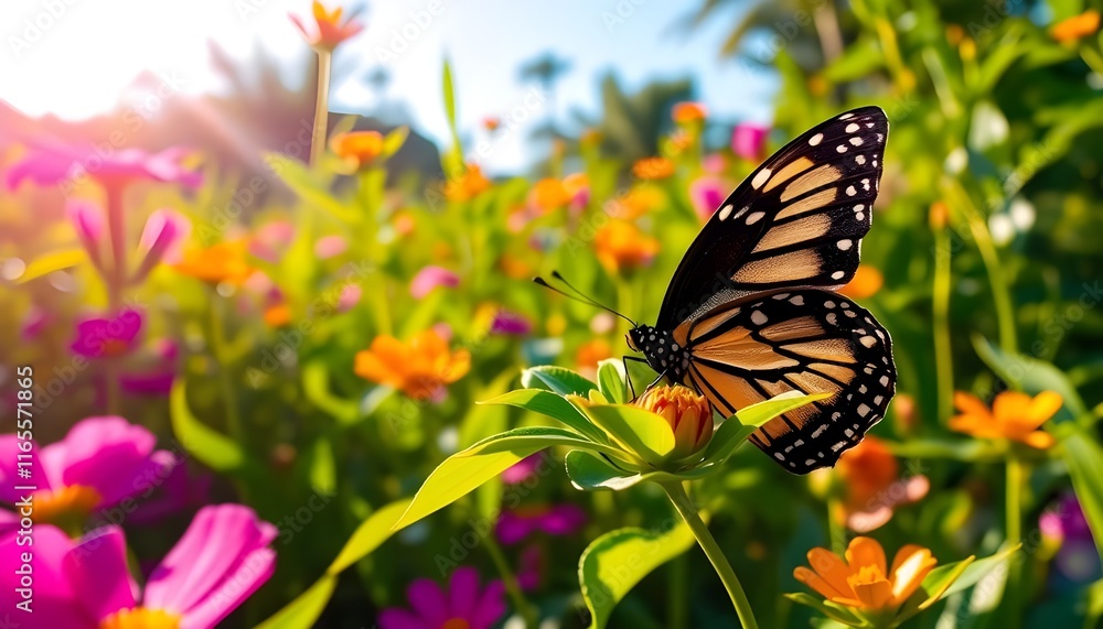 Butterfly in tropical lush meadow sunny summer morning Butterfly in tropical lush meadow sunny summer morning