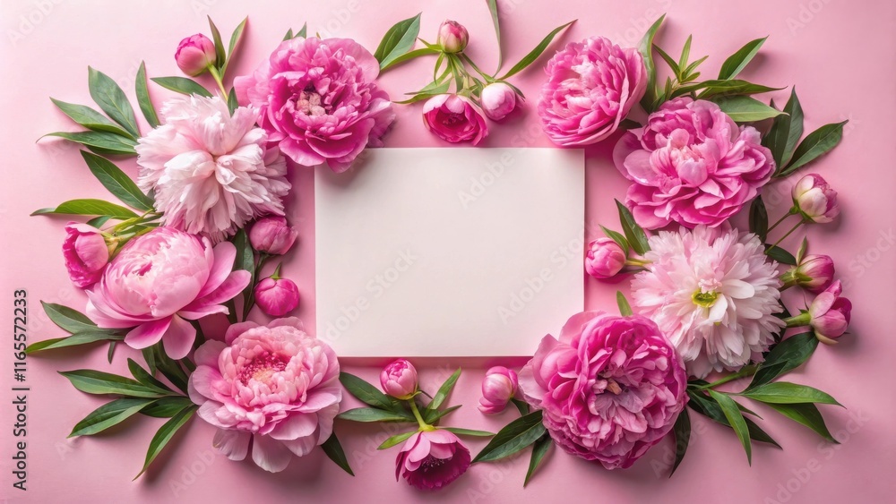 A delicate floral frame of soft pink peonies and lush green leaves surrounds a blank white card, perfect for a special message or greeting. A delicate floral frame of soft pink peonies and lush green leaves surrounds a blank white card, perfect for a special message or greeting.